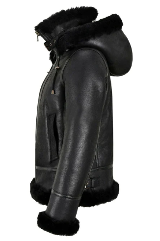Women's Black Sheepskin Bomber Leather Jacket with Hood