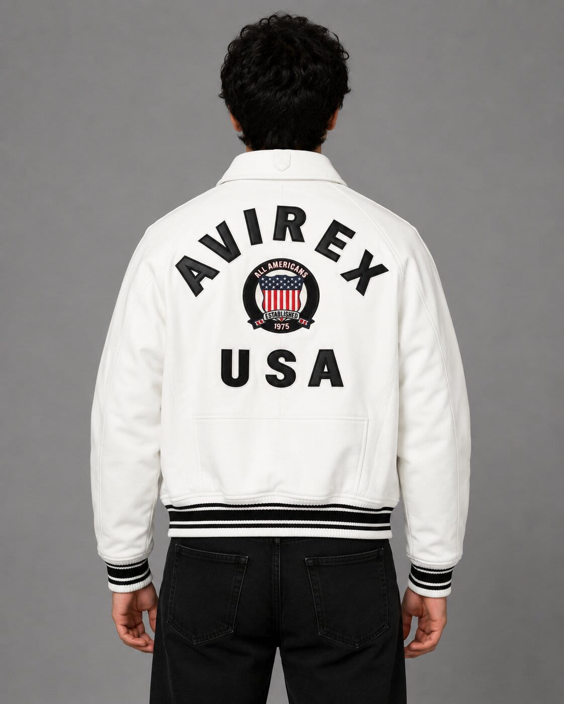 Avirex USA White Varsity Bomber Jacket with Embroidered Crest