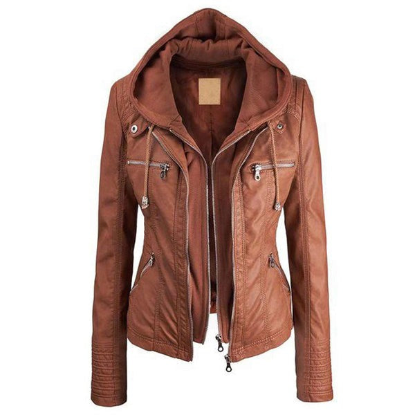 Women’s Brown Faux Leather Zip-Up Hooded Jacket by Avanzar Leather
