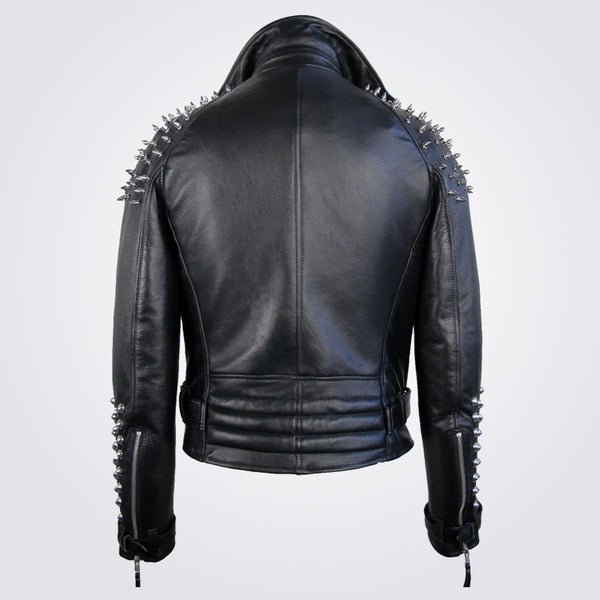 Men’s Classic Black Leather Spike-Trim Jacket – Avanzar Leather