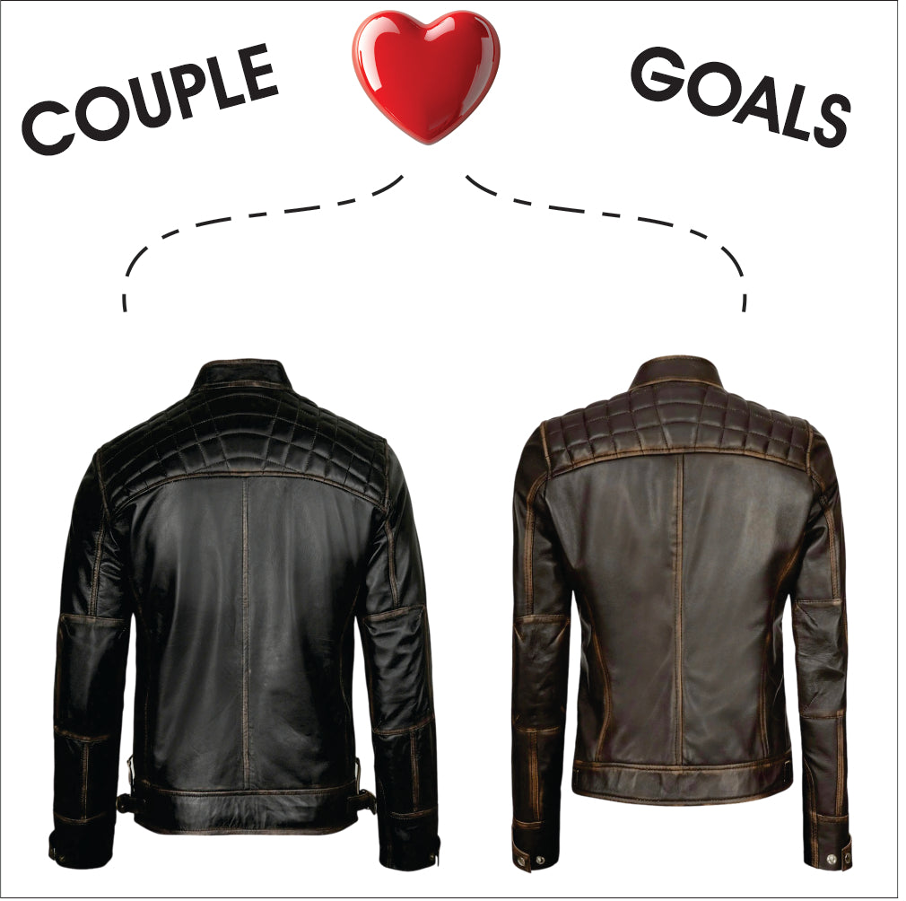 Couple Distressed Brown Leather Biker Jackets – Vintage Matching Style