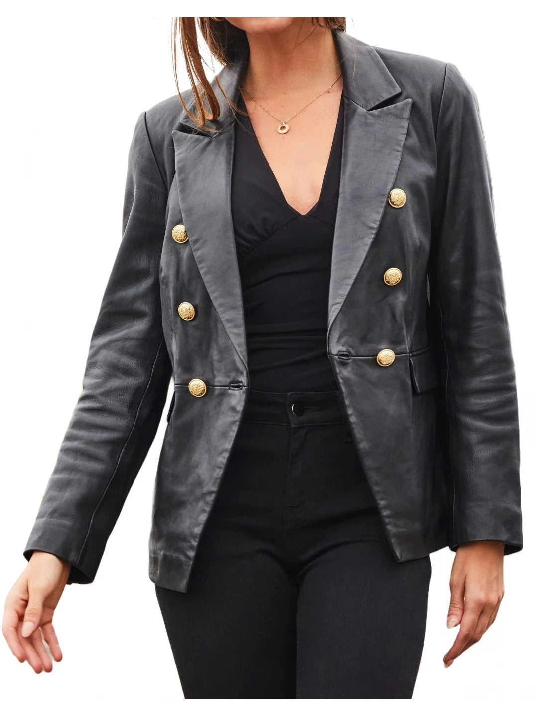 Gold Buttons Black Leather Blazer Luxe Statement Outerwear