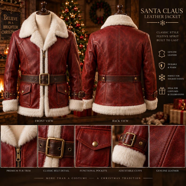 Santa leather jacket front with buckled adjustable cuffs