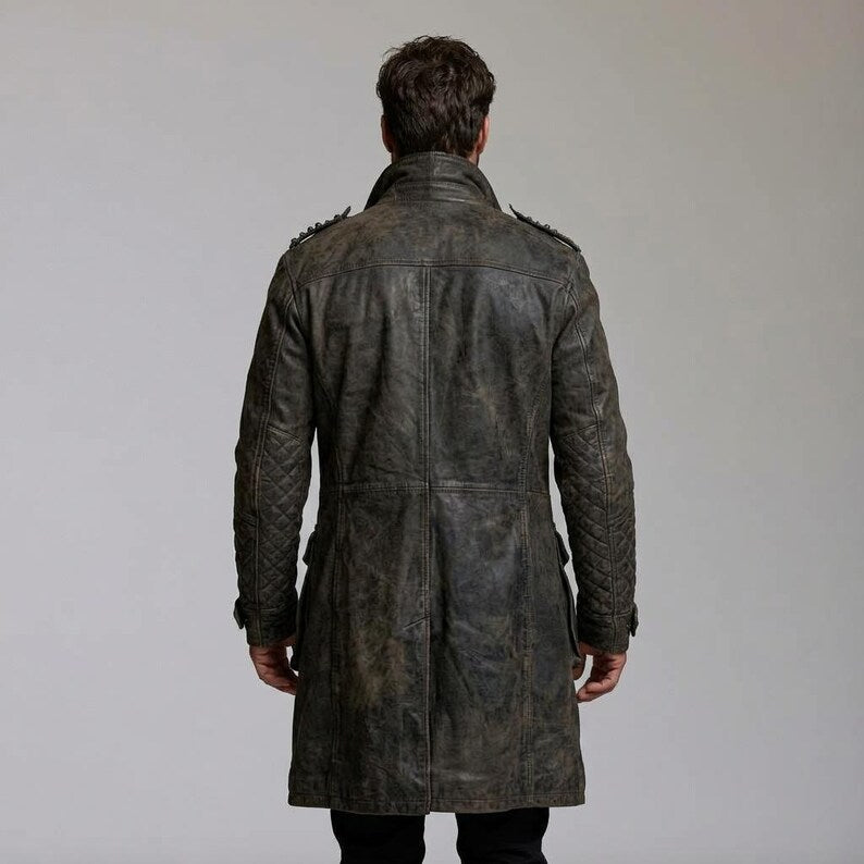 Long charcoal sheepskin leather trench coat back view with quilted sleeves and epaulets