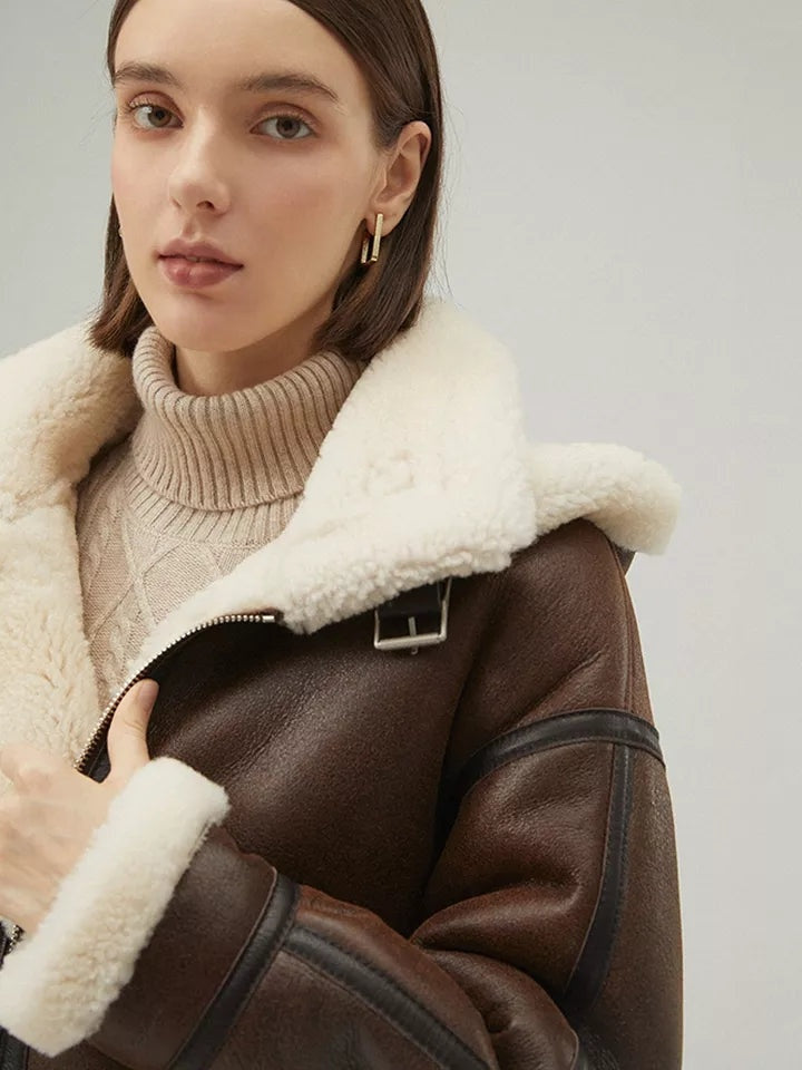 Women’s Brown Shearling Leather Coat with Removable Hood | Avanzar Leather