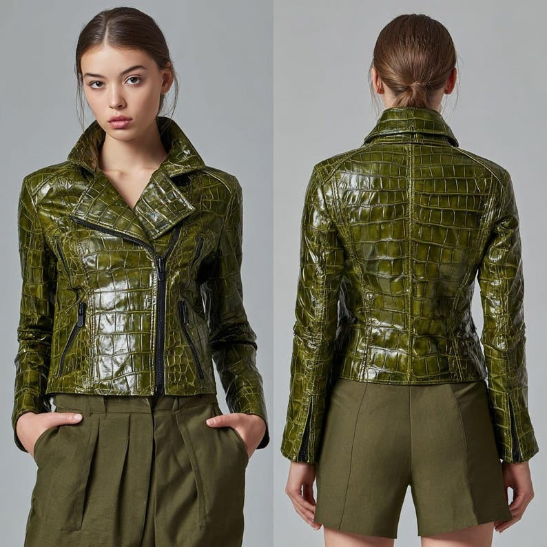 Green Crocodile Embossed Leather Biker Jacket Handmade