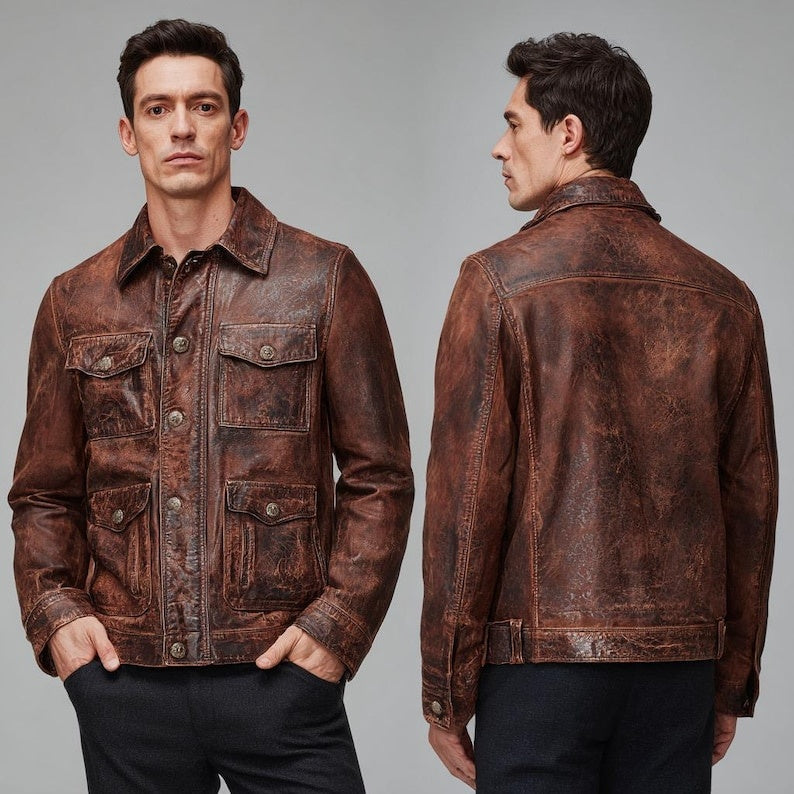 Men’s Distressed Brown Leather Jacket Vintage Button Up