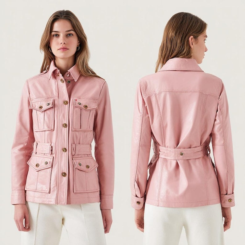 Women’s Pink Leather Utility Jacket Belted Military Style