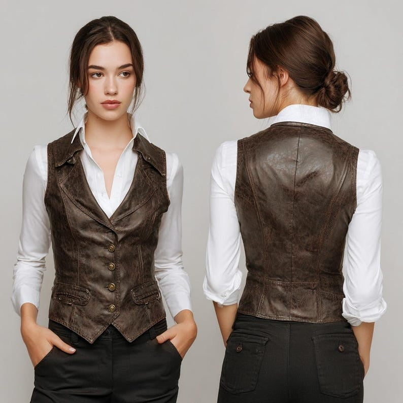 Women’s Genuine Brown Leather Waistcoat Classic Western Vest
