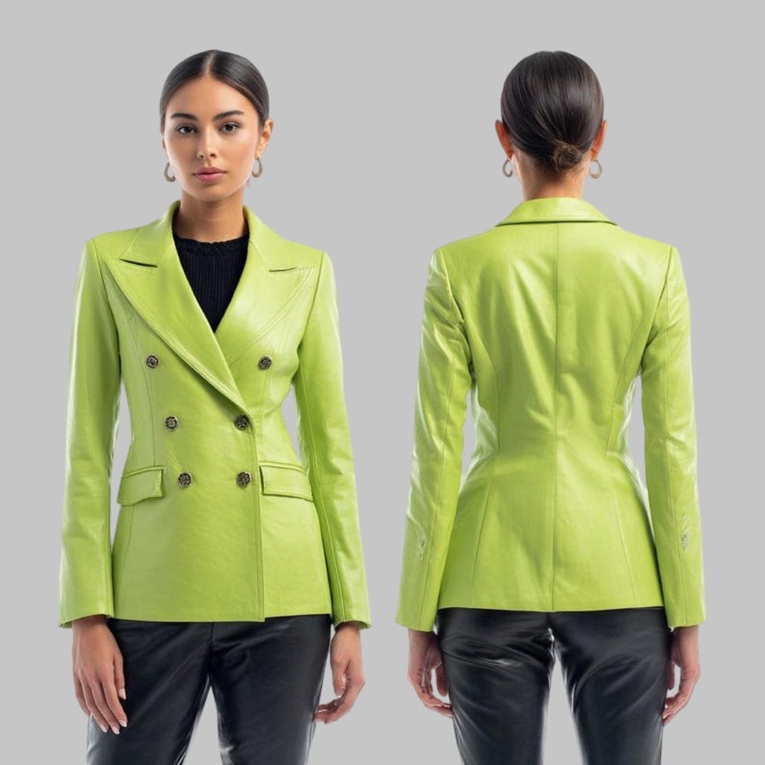 Lime Green Leather Blazer Double Breasted Jacket