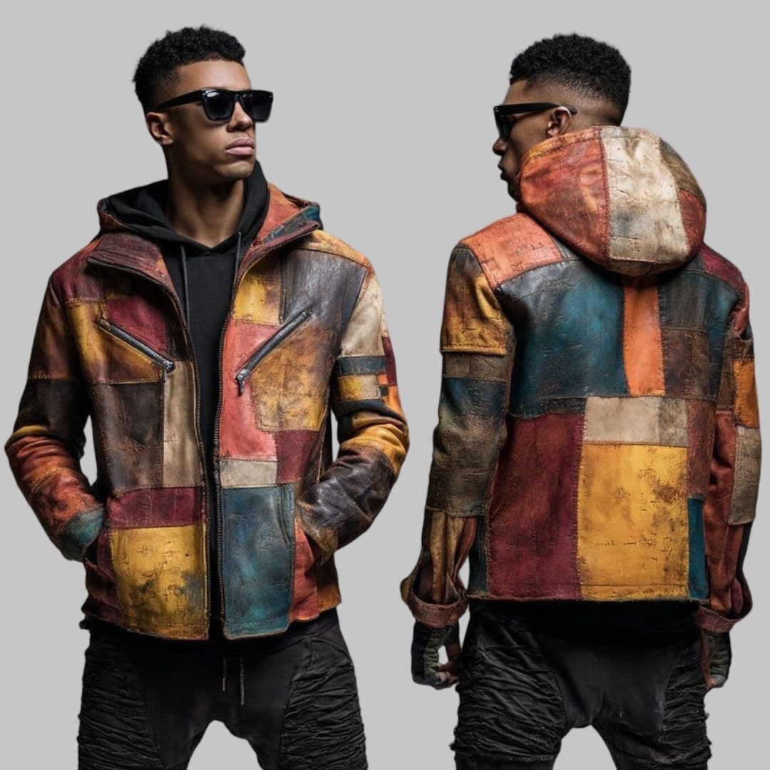 Men Patchwork Leather Hoodie Jacket
