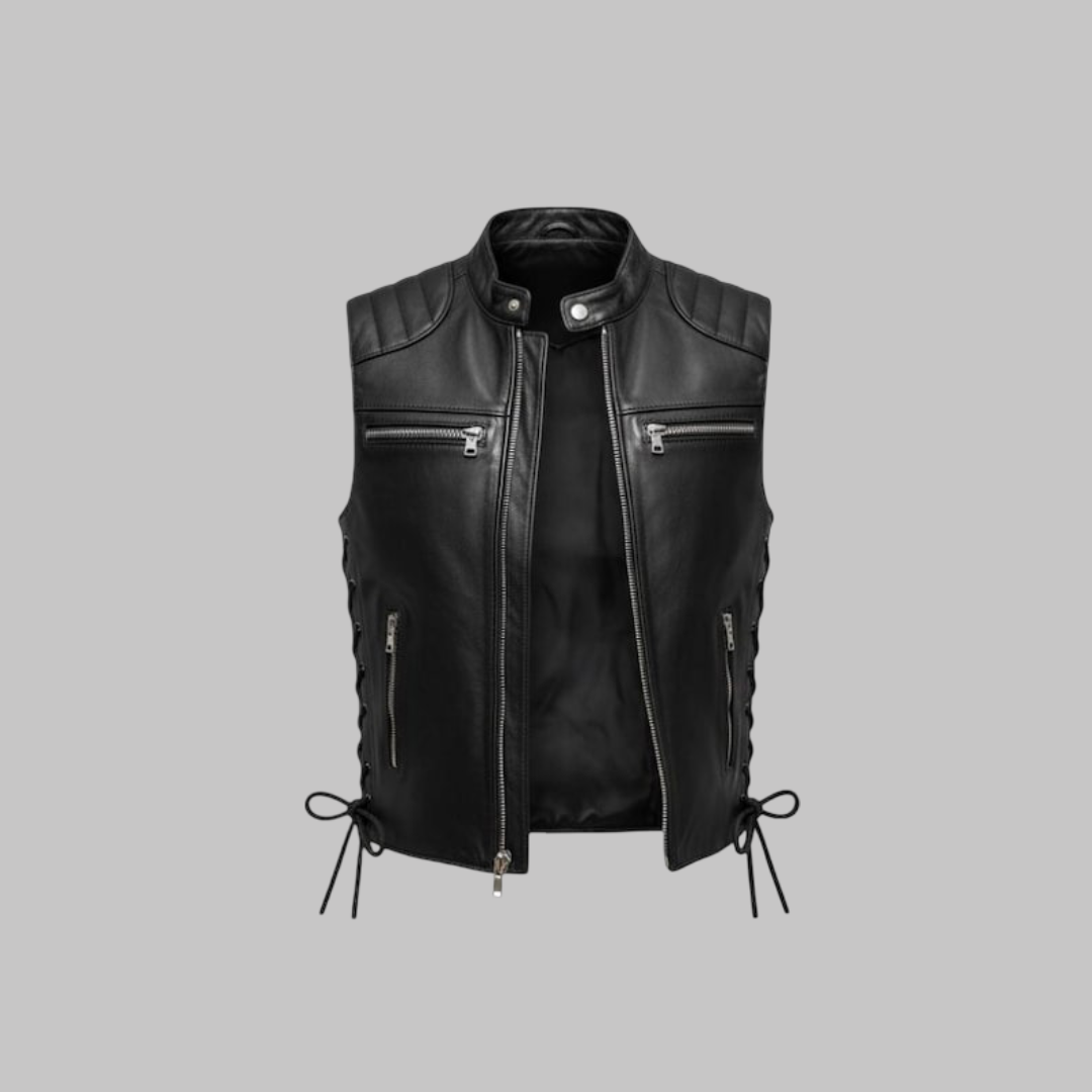 Men’s Black Genuine Leather Vest Rugged Sleeveless Jacket