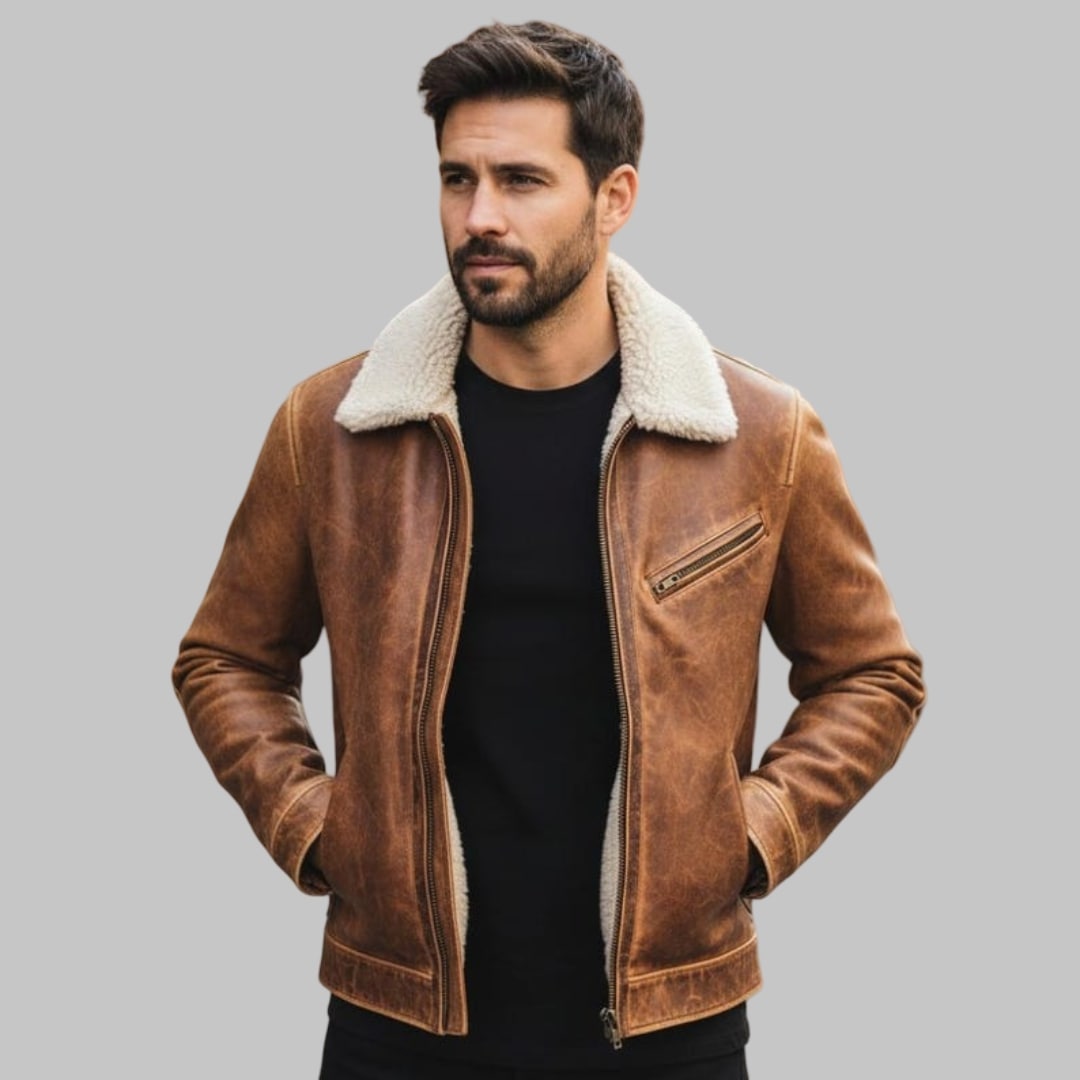 Men Leather Jacket with Fur Collar Retro Biker Style – Premium Handmade