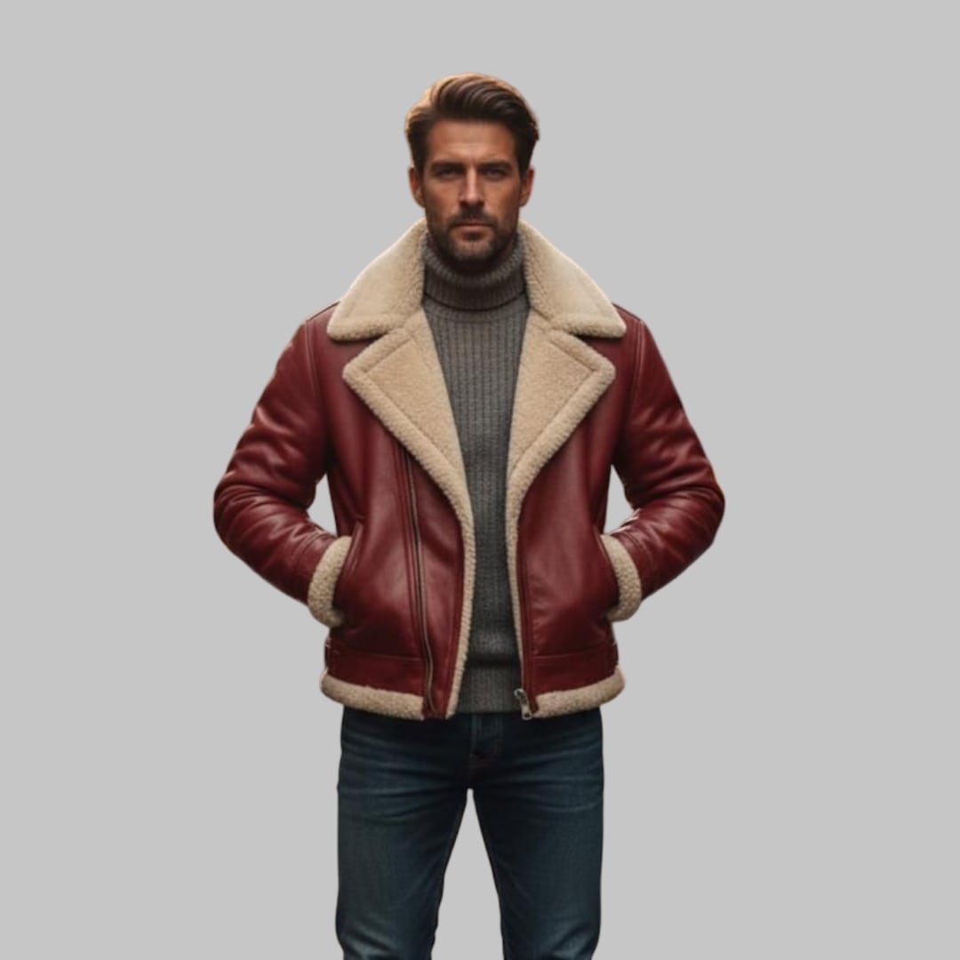 Men Leather Aviator Jacket with Fur Collar Handmade Winter Style