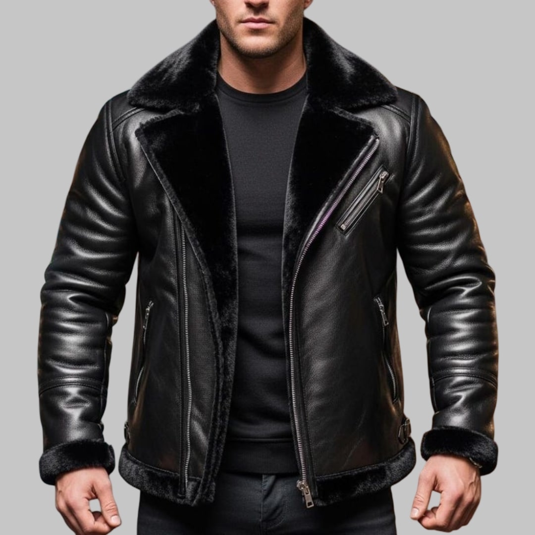 Luxury Black Fur Leather Jacket for Men Handmade Winter
