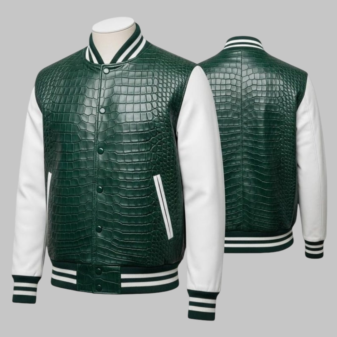 Crocodile Embossed Leather Varsity Jacket Handmade Men’s Streetwear