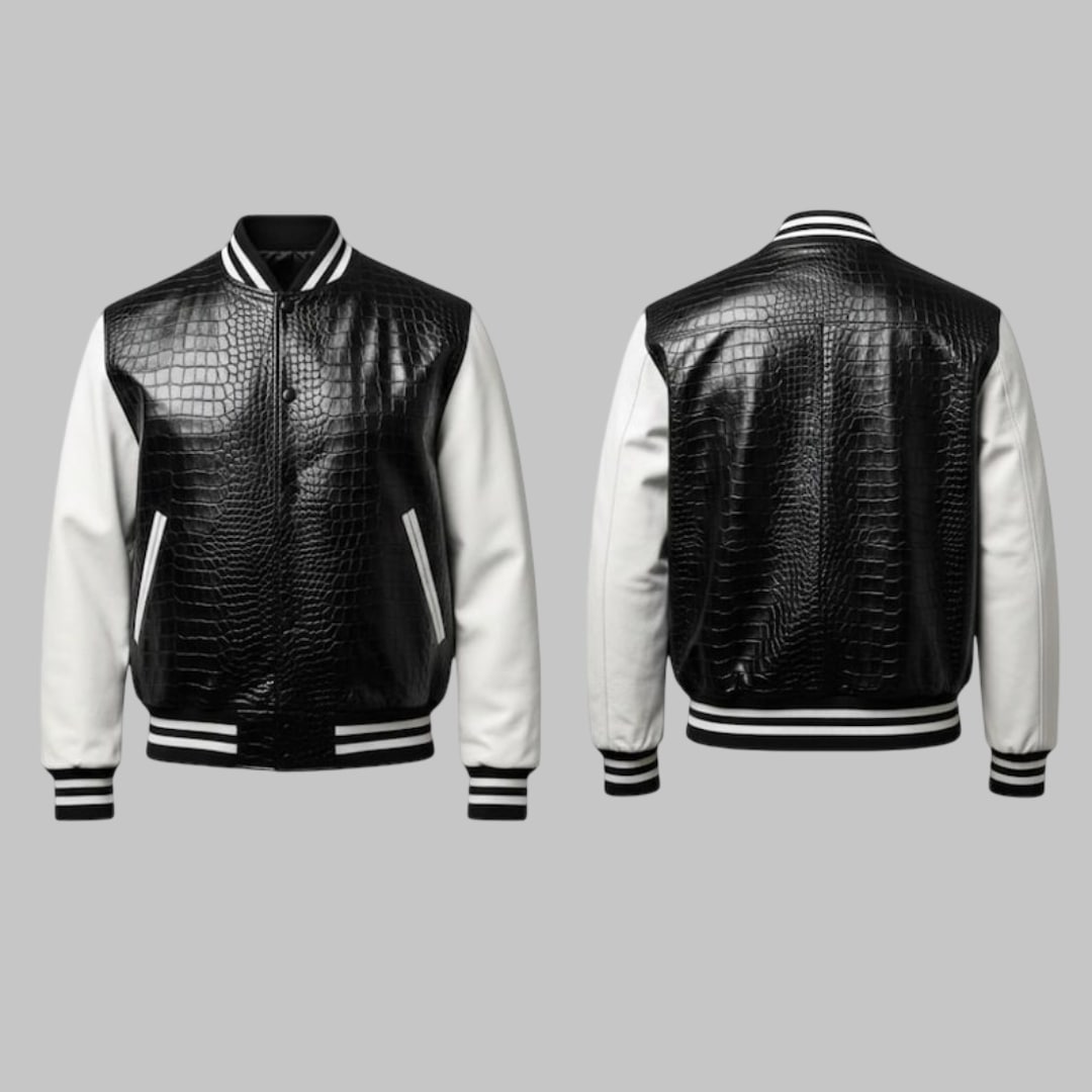 Black Crocodile Embossed Leather Varsity Jacket Handmade Men’s Streetwear