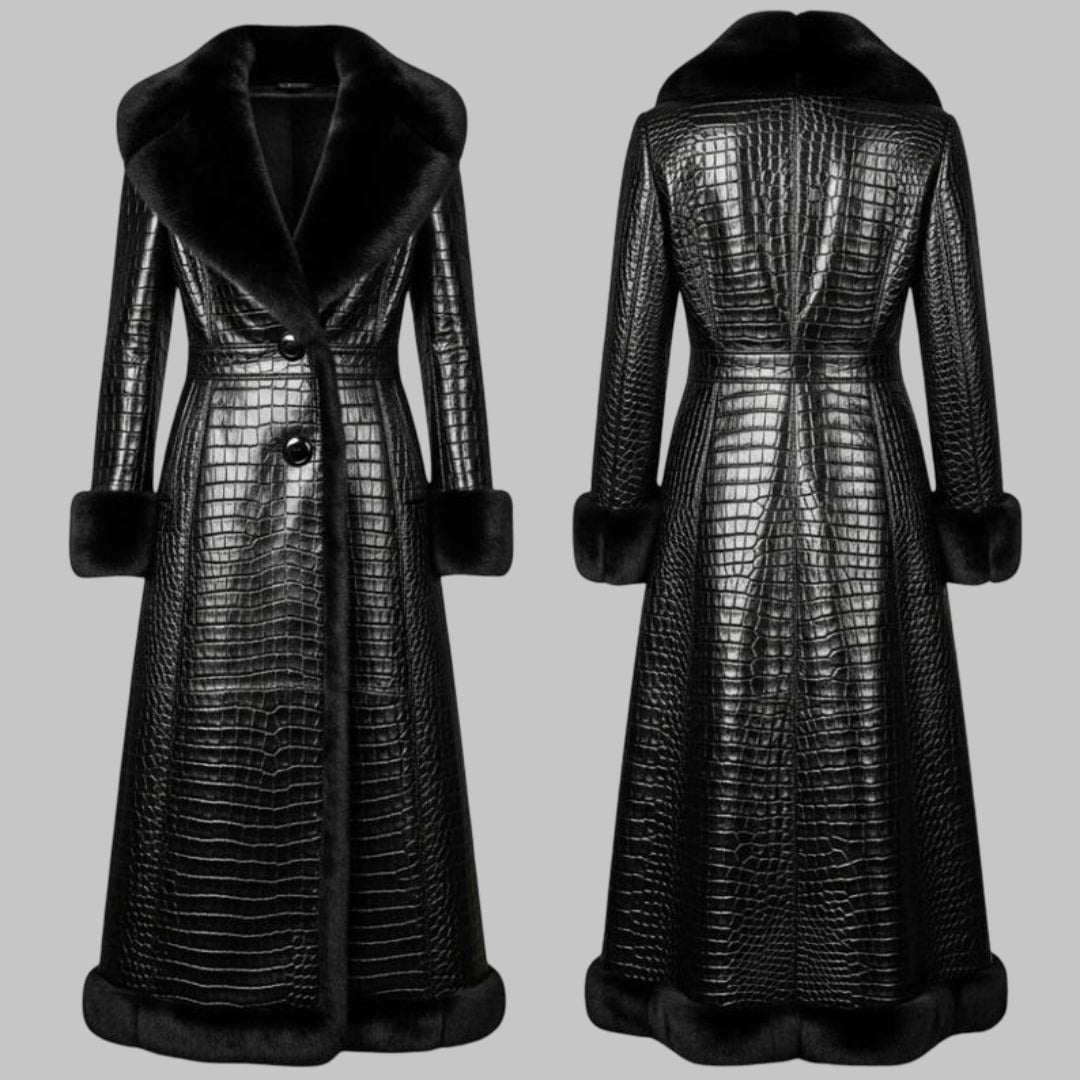 Crocodile Embossed Leather Long Coat with Fur Lining