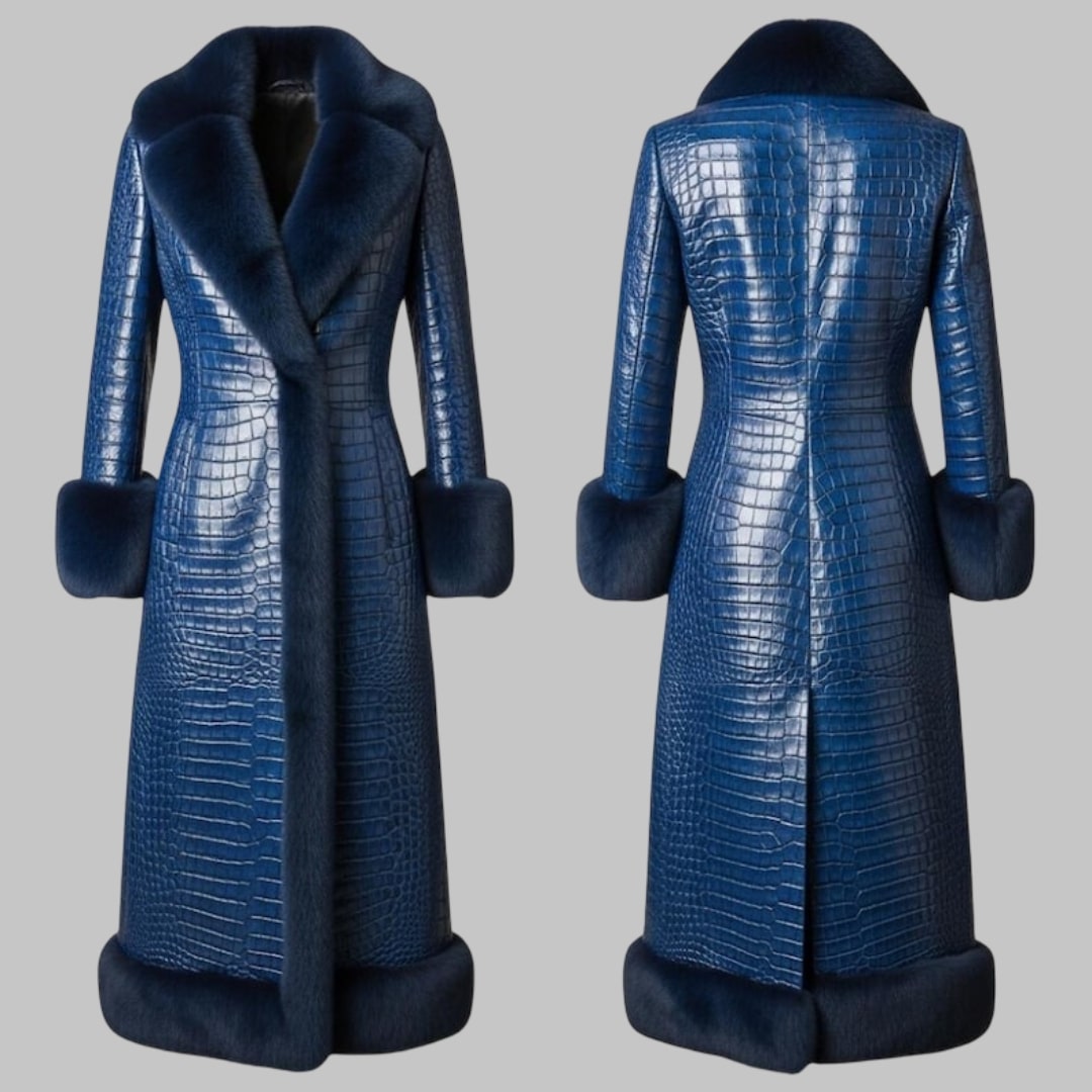 Blue Crocodile Leather Long Coat with Faux Fur Collar