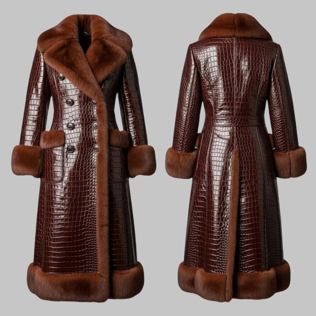 Crocodile Leather Long Coat with Faux Fur Collar
