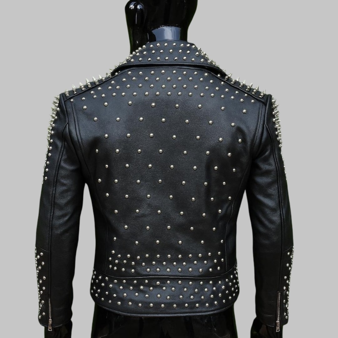 Handmade Black Leather Biker Jacket with Gold Studs & Spikes Punk Rock & Heavy Metal Style