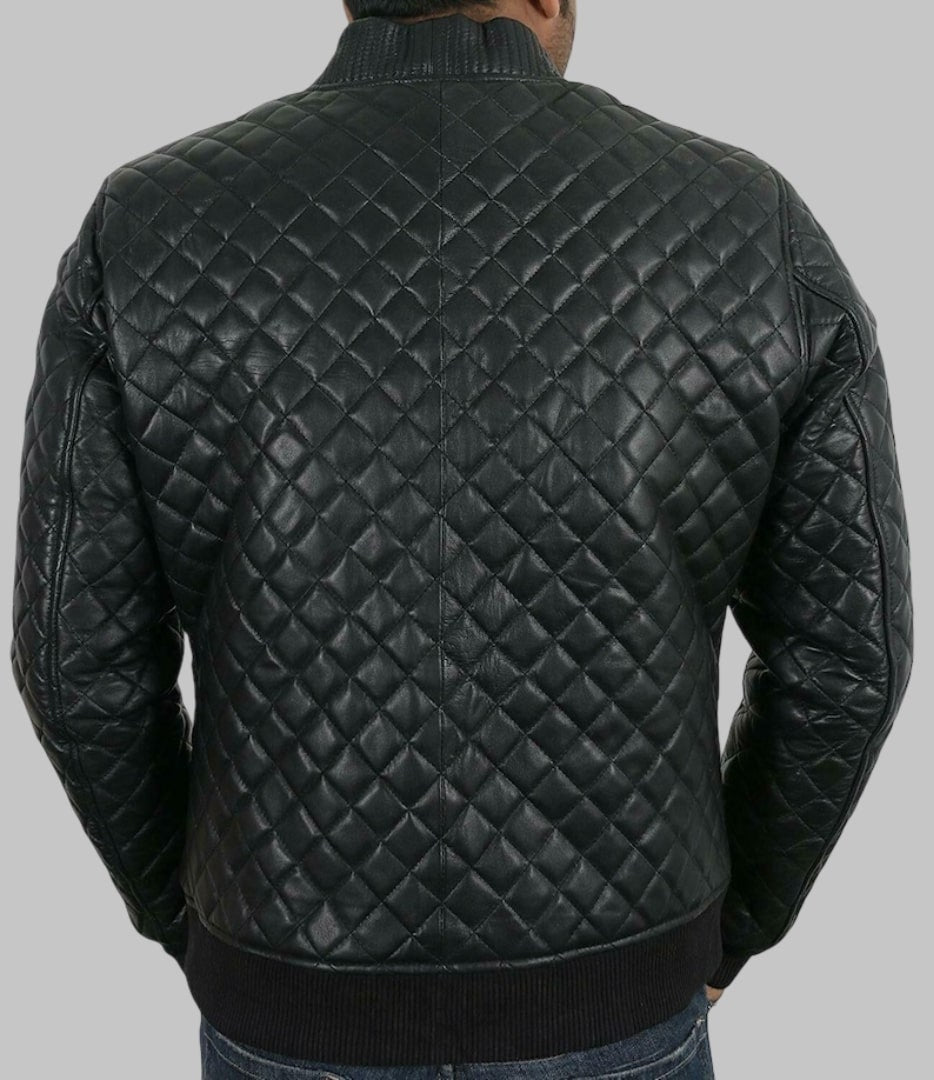 Mens Black Sheepskin Leather Quilted Motorcycle Jacket