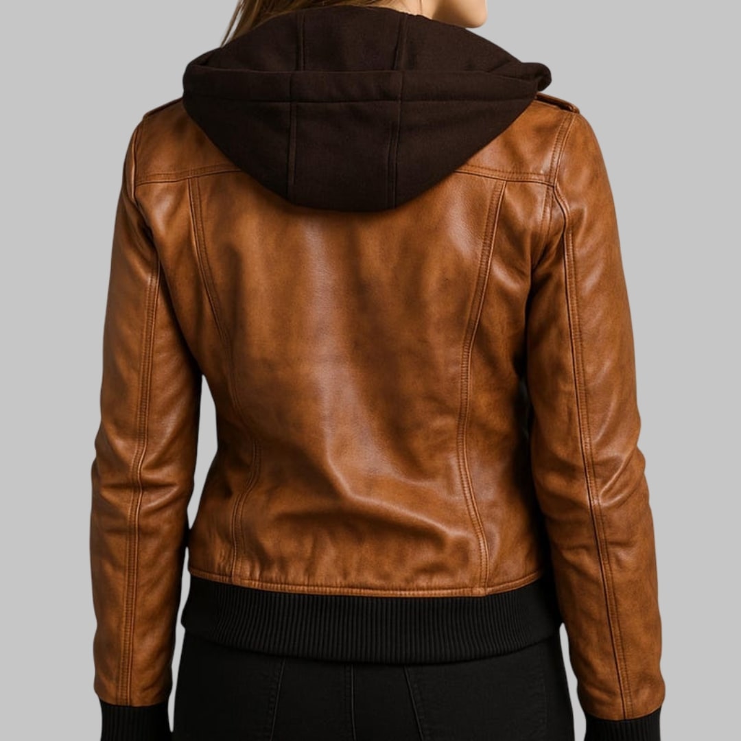 Couple Brown Real Leather Biker Jacket with Removable Hood