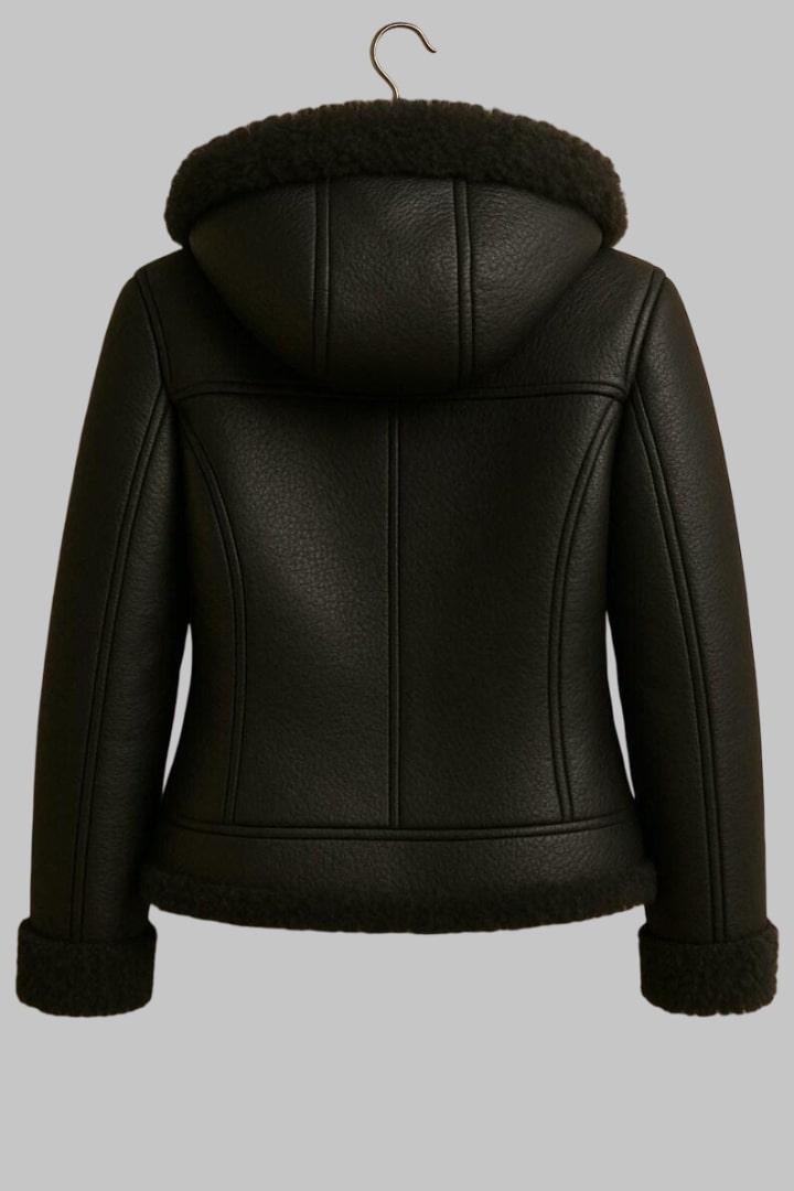 Women Black Hooded Sheepskin Leather Bomber Jacket