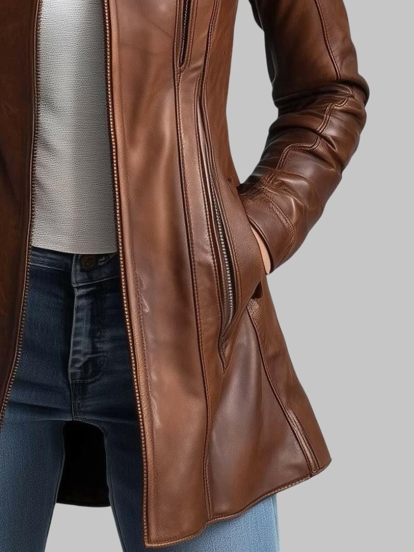 Women Stand Collar Vintage Brown Genuine Leather Jacket