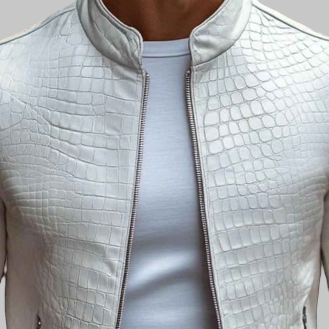 White Crocodile Embossed Leather Jacket for Men