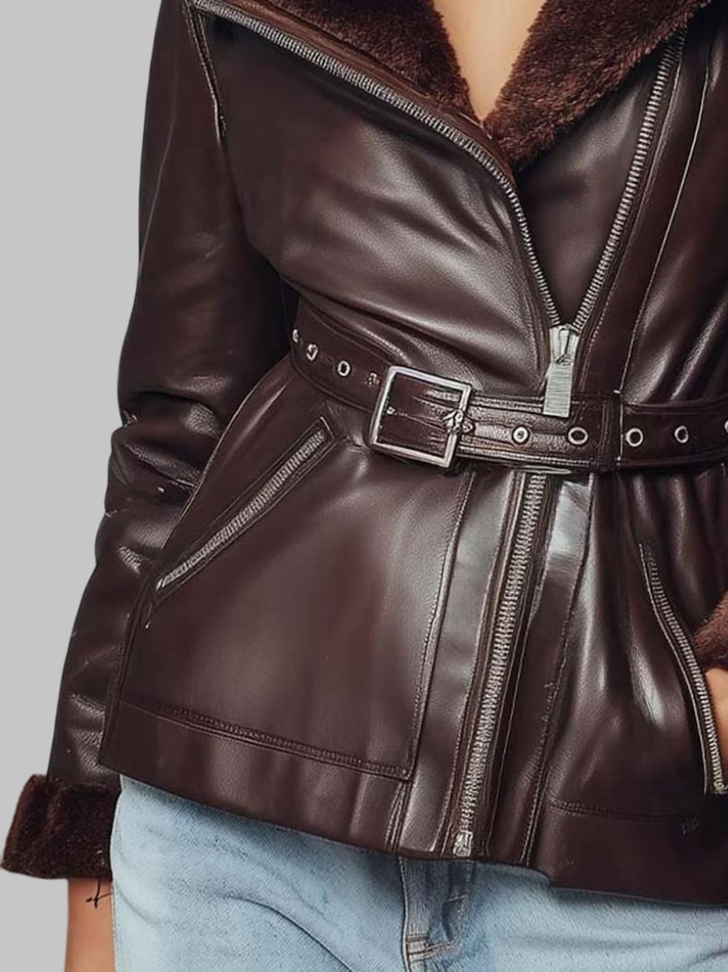 Women Burgundy Vintage Shearling Leather Blazer Jacket