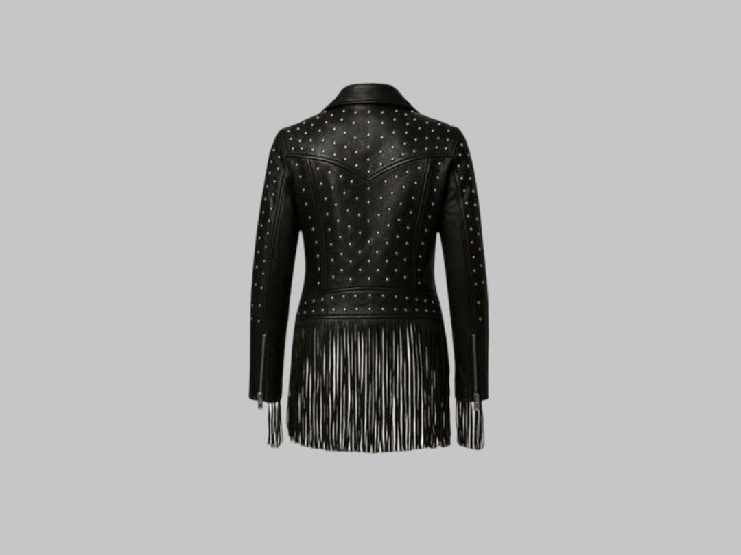 Women Black Studded Fringe Leather Jacket