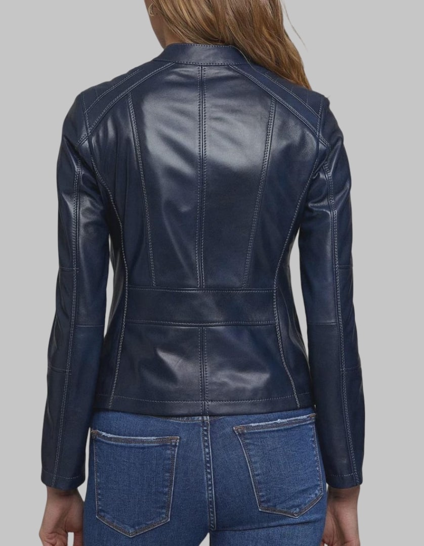 Women Blue Real Leather Motorcycle Jacket Slim Fit Biker Coat