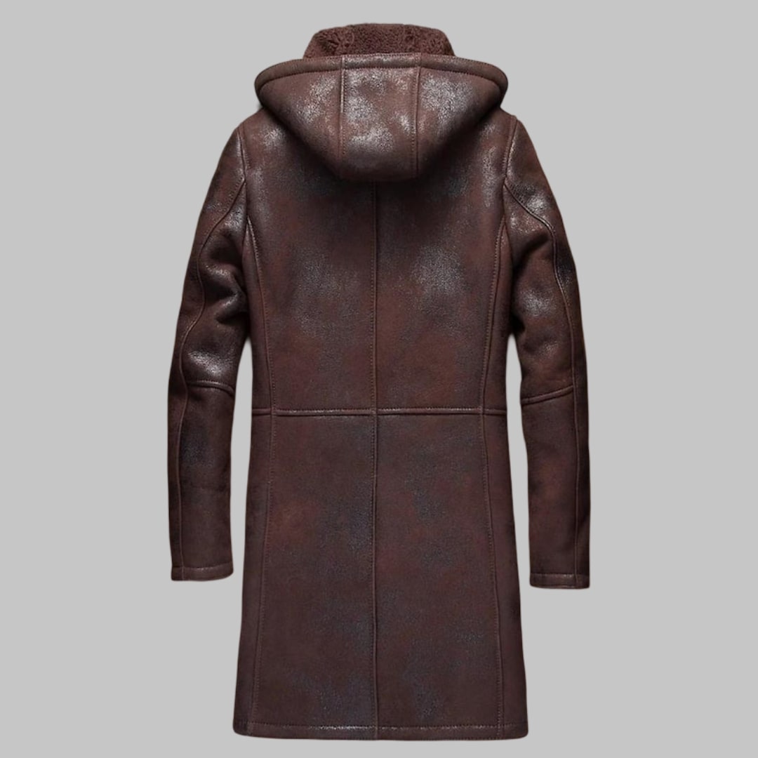 Men Hooded Dark Brown Sheepskin Shearling Leather Jacket