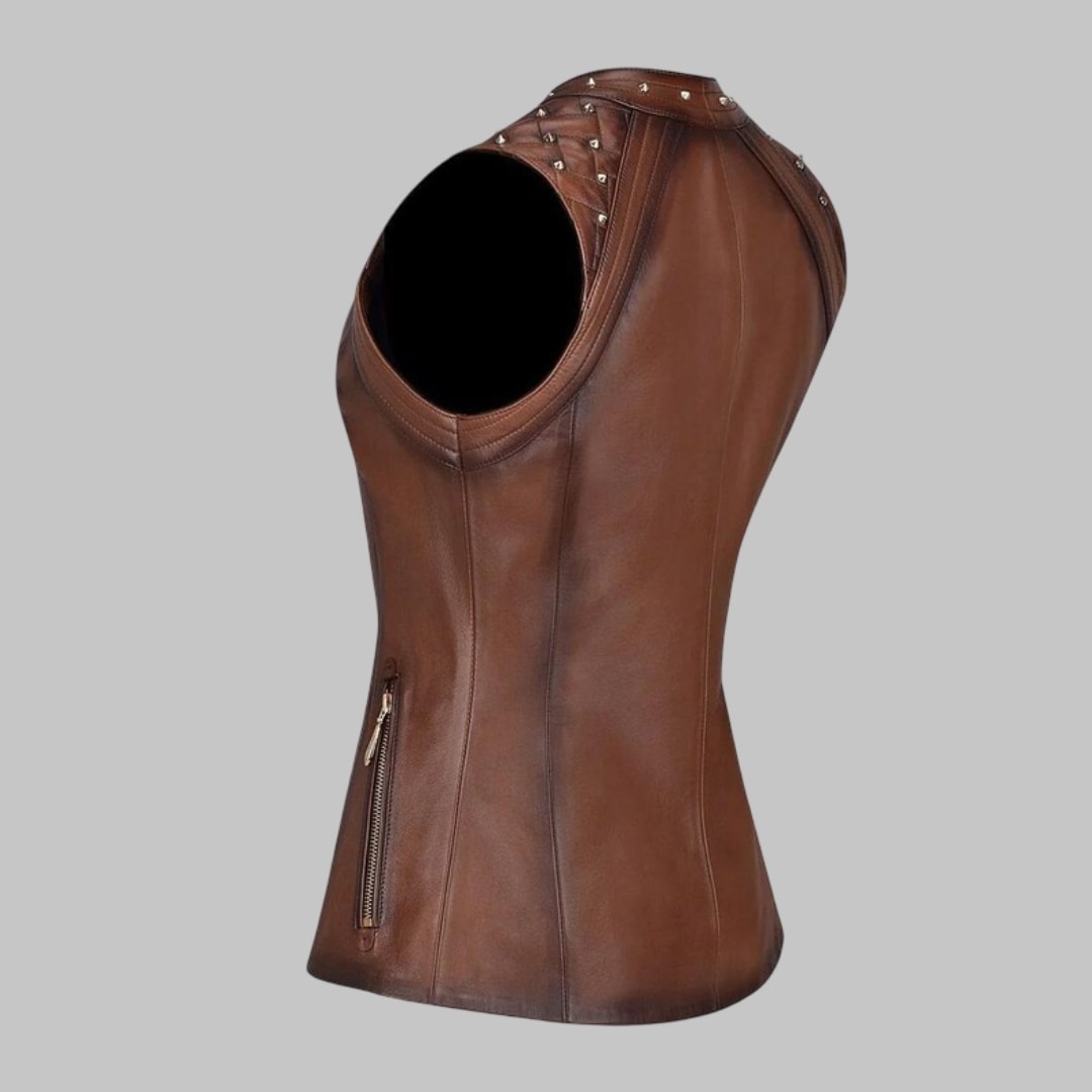 Brown Genuine Leather Vest for Women Stylish Biker Fashion Waistcoat