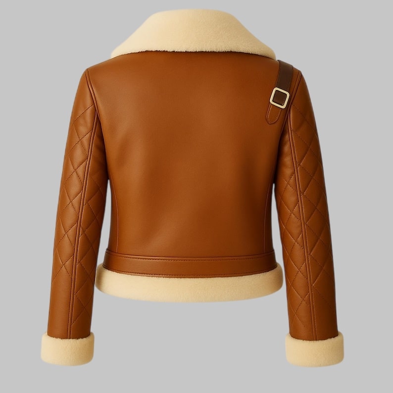 Women Brown Quilted Leather Jacket with Shearling Trim – Real Lambskin Biker Style