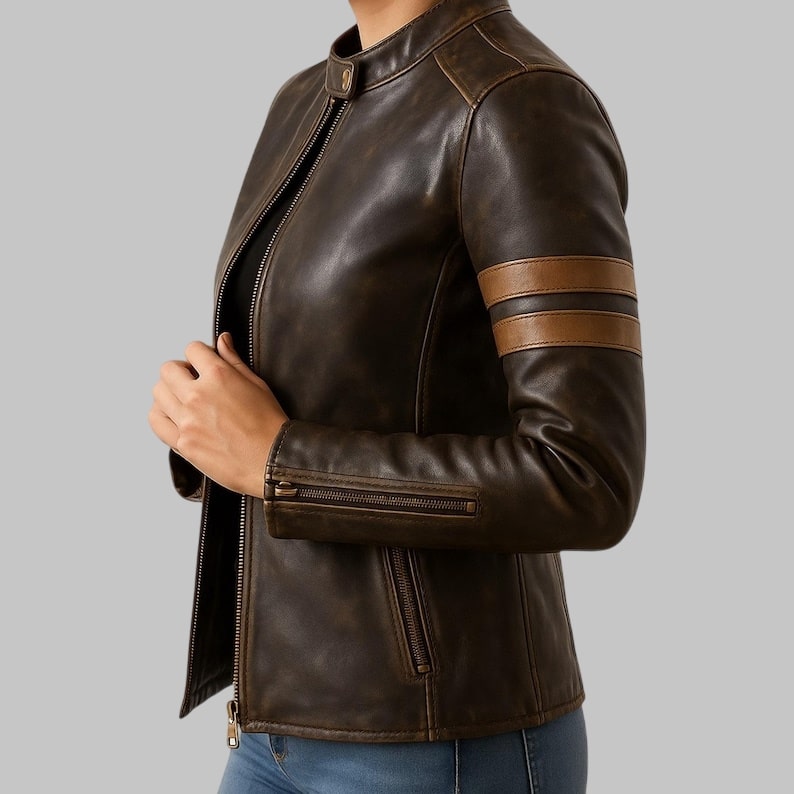 Vintage Distressed Biker Leather Jacket for Women Handmade Pure Leather with Brass Zippers