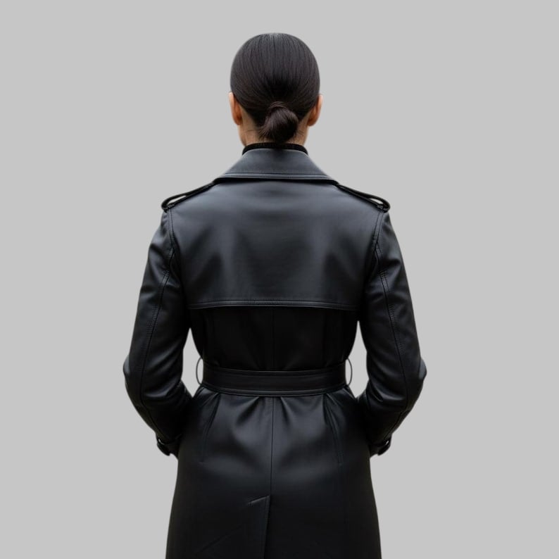 Women’s Genuine Black Leather Trench Coat with Belt & Removable Shearling Collar