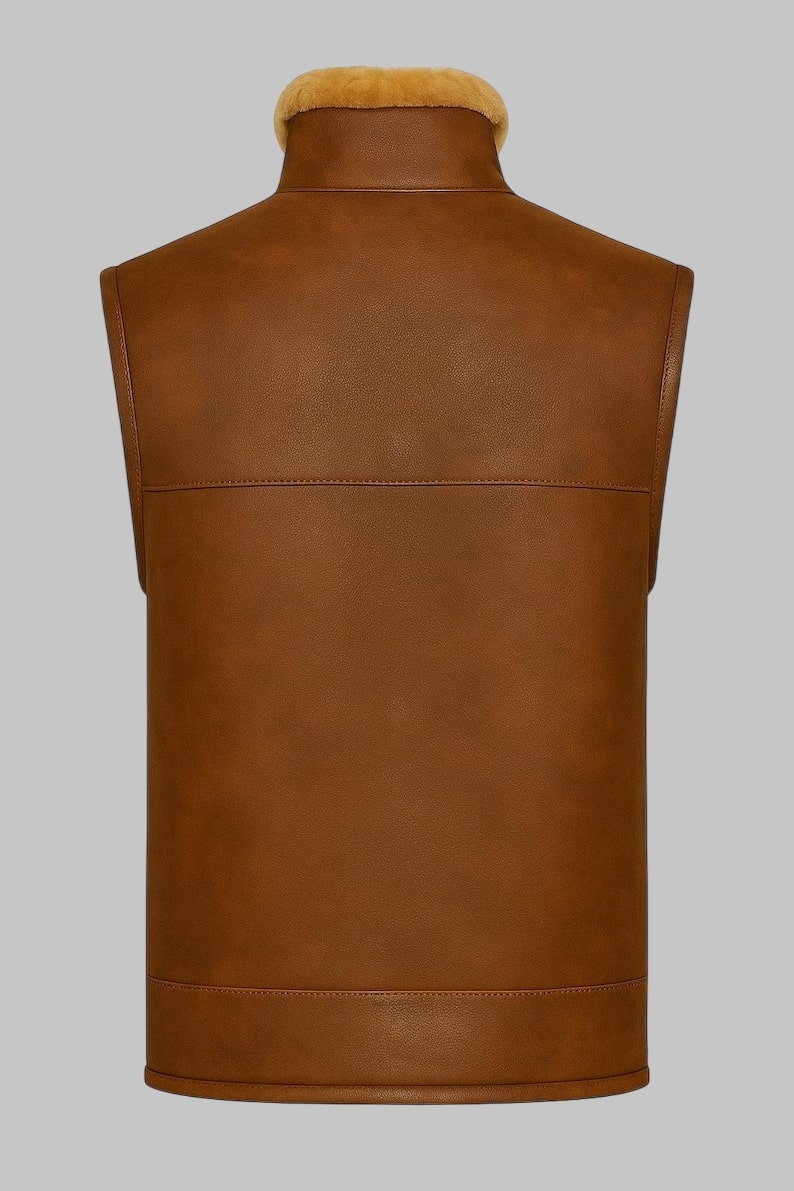 Men’s Shearling Leather Vest Cognac Sheepskin Gilet | Luxury Real Shearling Bodywarmer