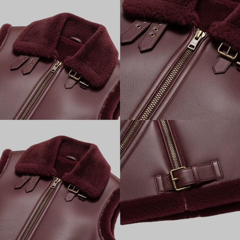 Burgundy Shearling Leather Vest Unisex Genuine Sheepskin by Avanzar Leather