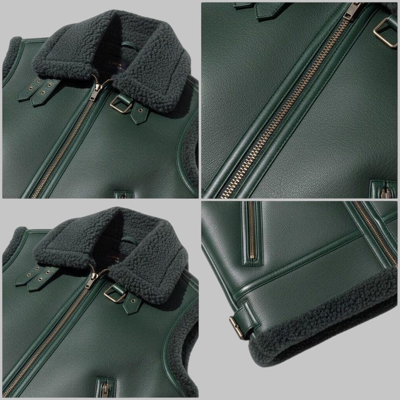 Green Shearling Leather Vest Unisex Genuine Sheepskin