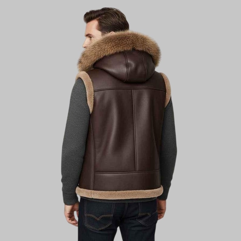 Men Hooded B3 Bomber Brown Shearling Leather Vest