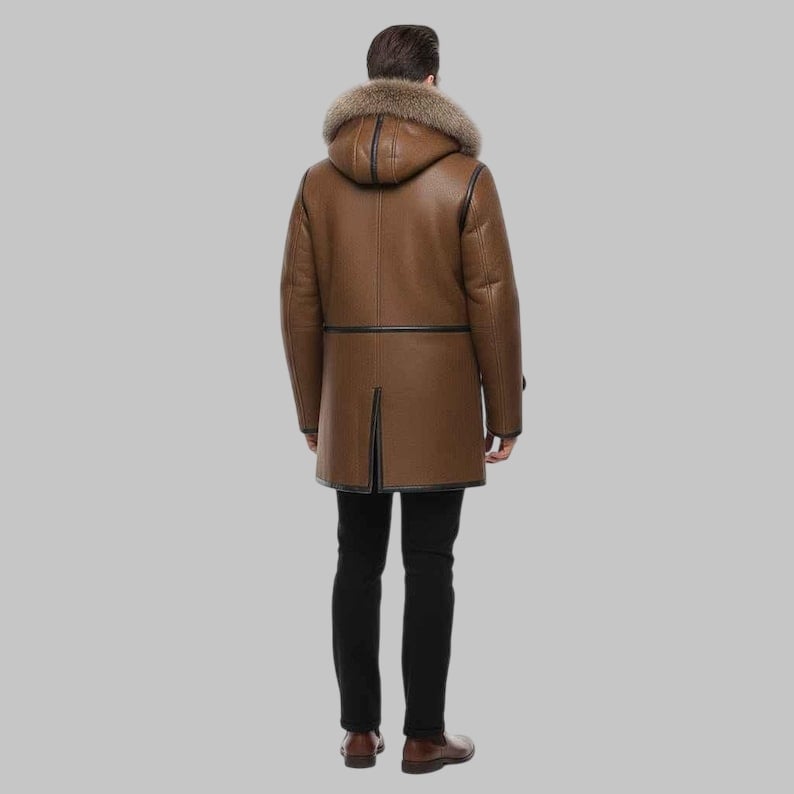 Men’s Distressed Brown Hooded Shearling Leather Coat