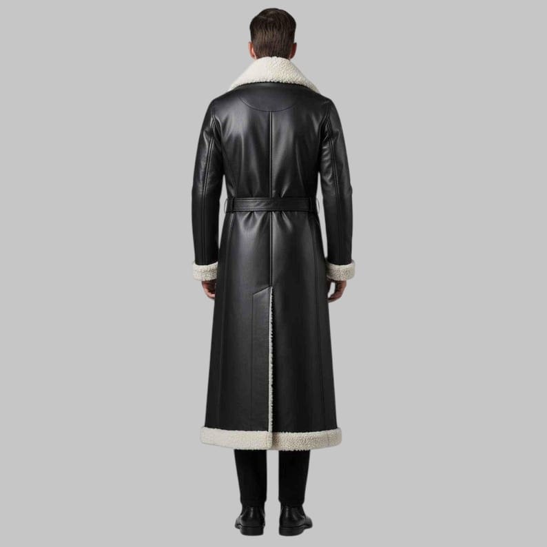 Men’s Long Shearling Trench Coat Luxury Handmade Sheepskin Leather Winter Coat