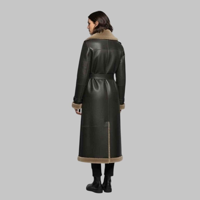 Women Shearling Leather Coat Dark Brown Sheepskin Fur Lined Winter Aviator Jacket