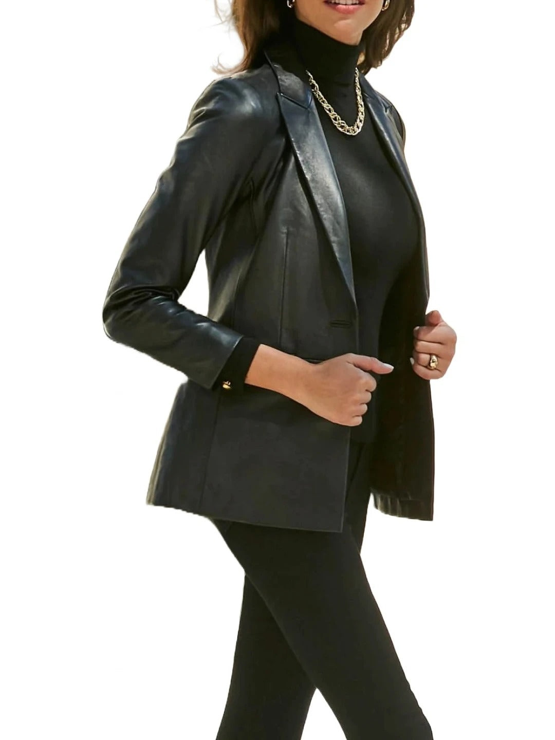 Women’s Jetted Pockets Black Leather Blazer Sleek & Sophisticated Outerwear