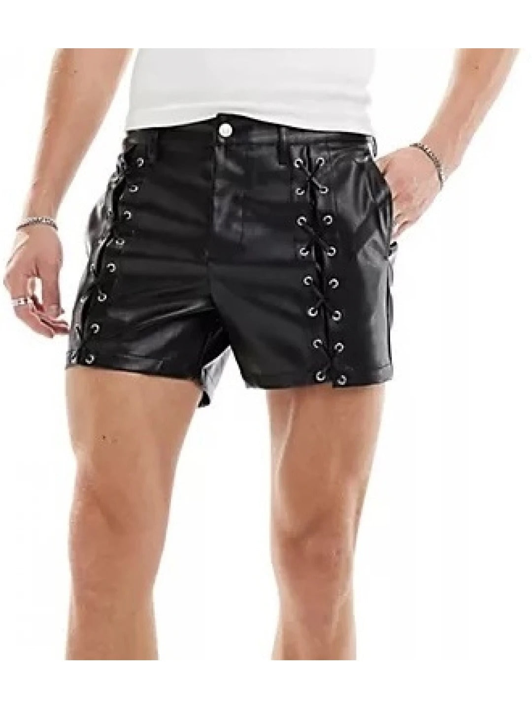 Men’s Black Leather Shorts with Lace-Up Details – Stylish and Edgy