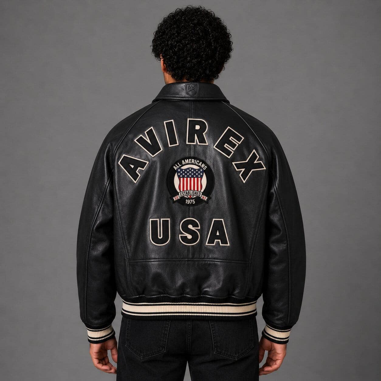 Back view Avirex USA black leather varsity bomber jacket
