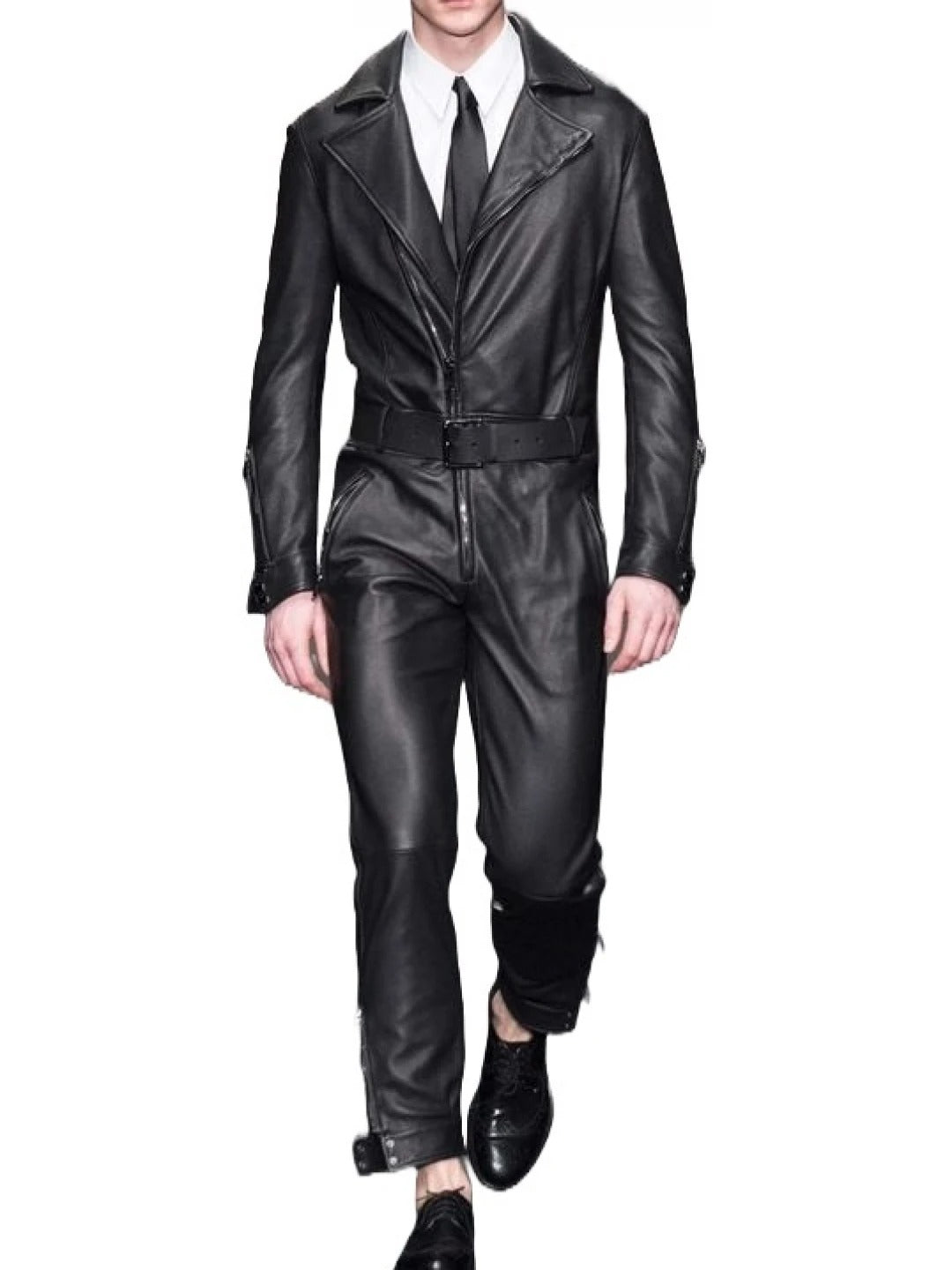 Avanzar Leather Men's Formal Wear Real Sheepskin Black Leather Jumpsuit