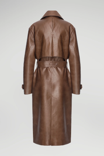 Women's Dark Brown Leather Trench Coat with Belted Waist